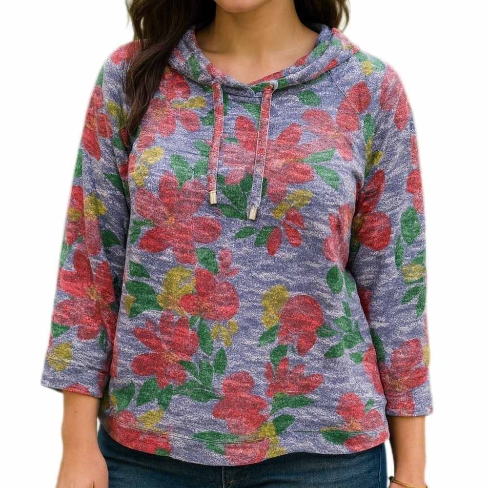 Ruby Rd Floral Knit Top Womens Medium Blue Red 3/4 Sleeve Lightweight